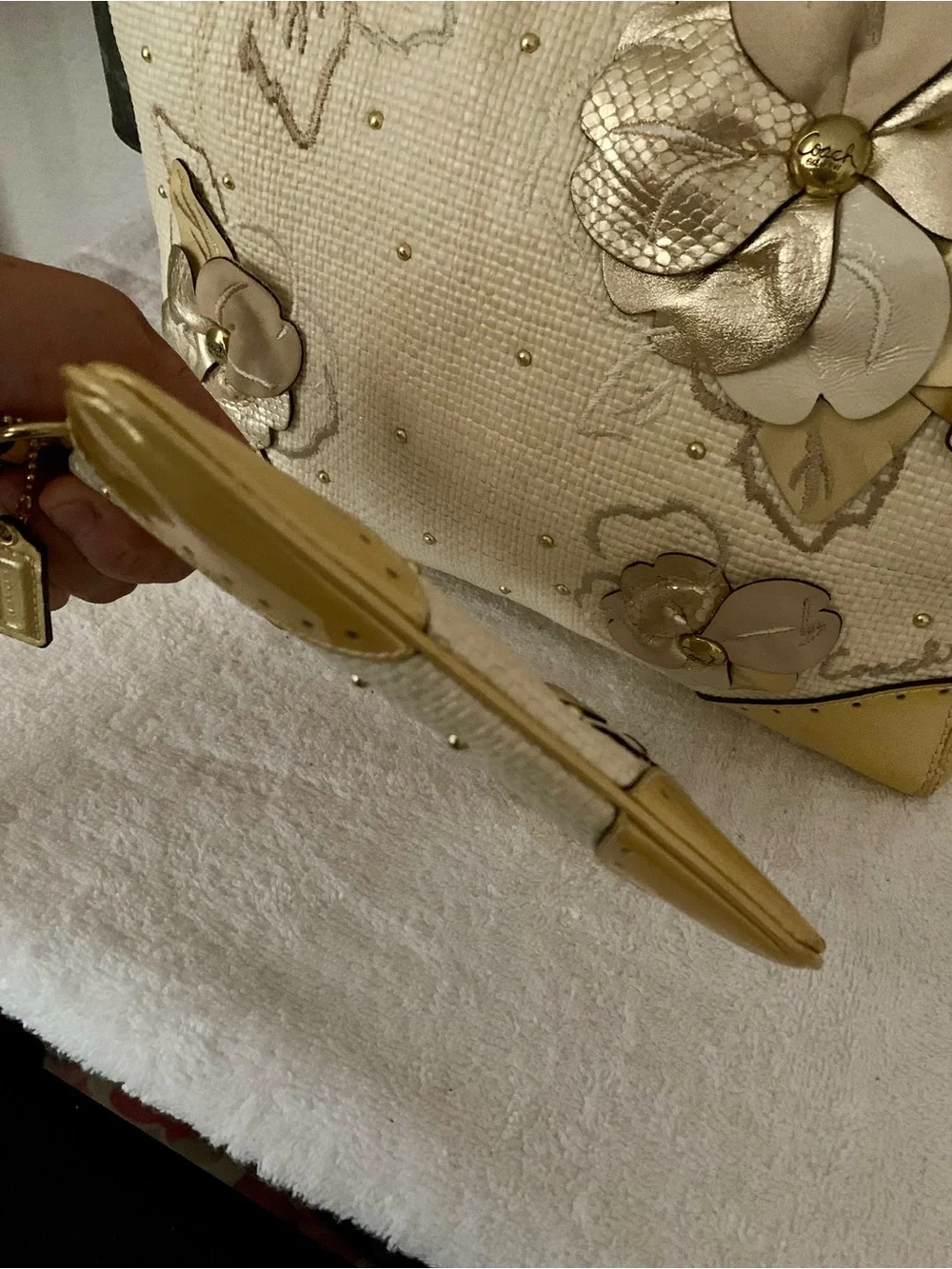 RARE Coach Raffia Floral Appliqué  Wristlet - Cream and Gold “LIMITED EDITION”